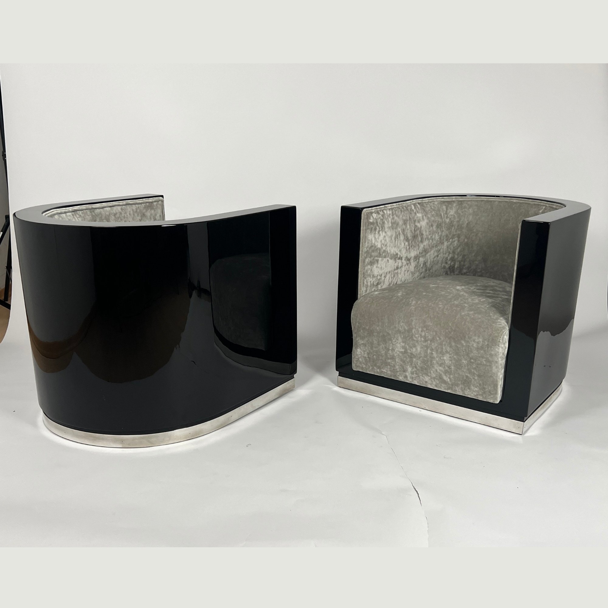 Paar Art Deco Club Sessel, Schwarzlack, Grauer Samt, Frankreich um 1930