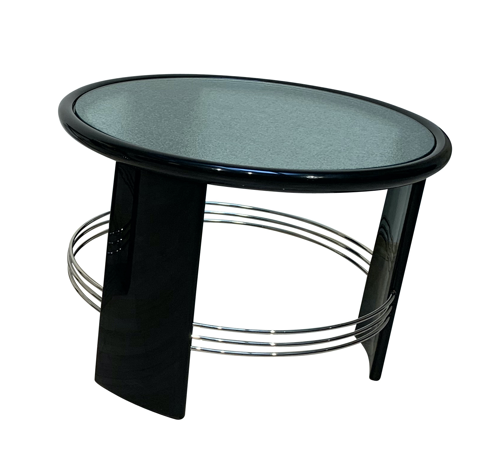 Art Deco Sofatisch Schwarzer Klavierlack, Chrom und Glas