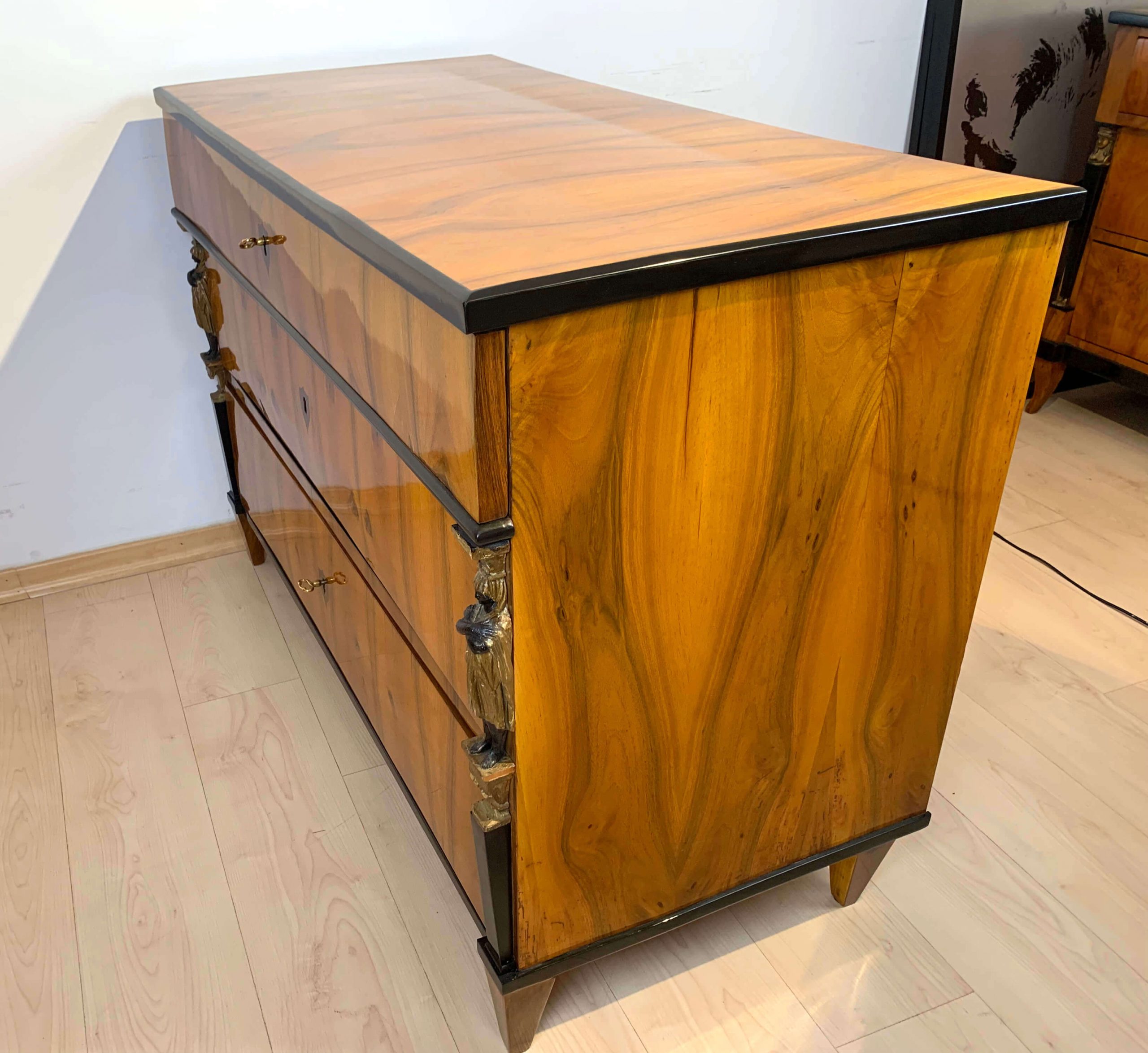 Empire Commode, Chest of Drawers, Walnut Veneer, Karyatides, Austria, Vienna circa 1810-15
