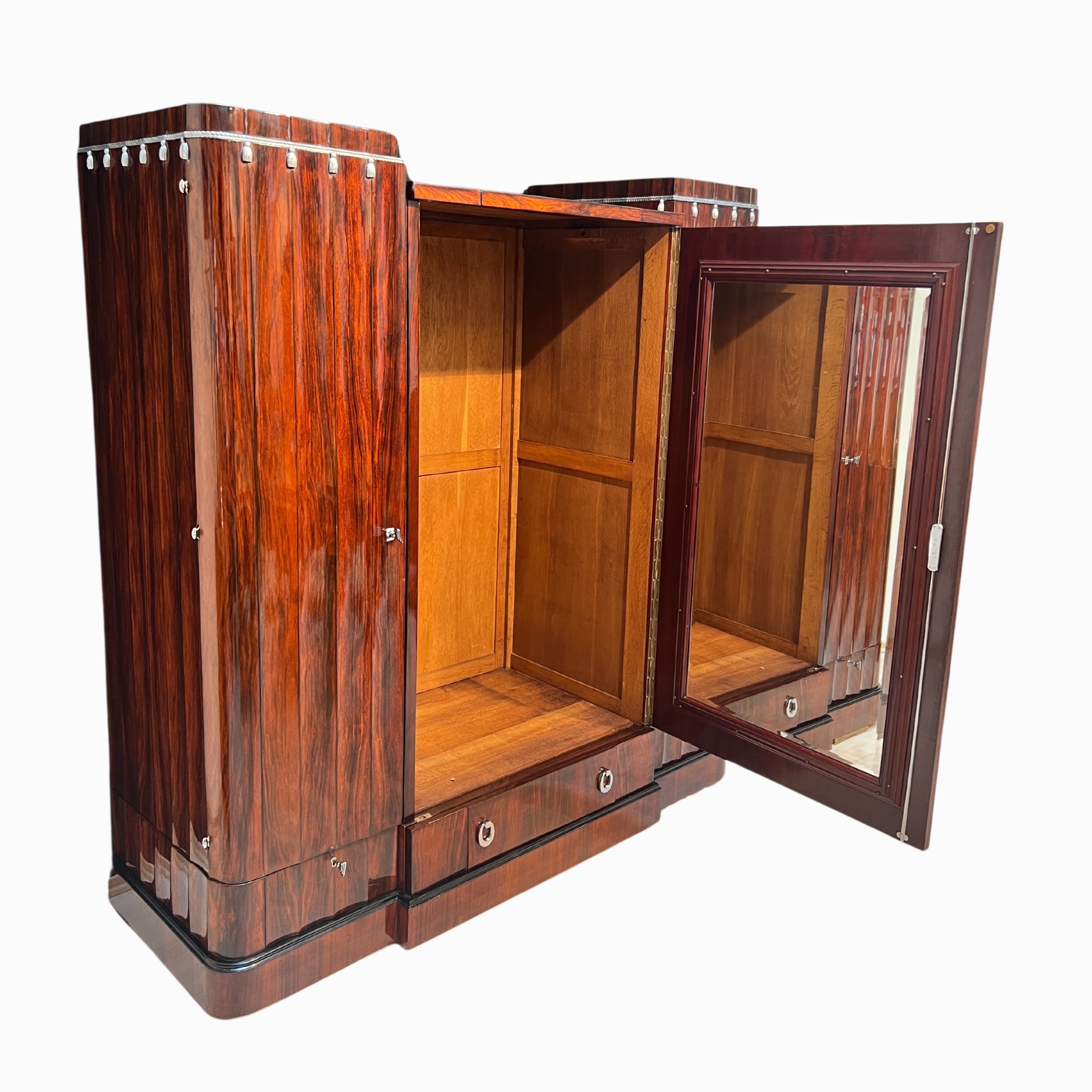 Offen - Art Deco Schrank, Palisander, Eiche, Silber und Chrom, Frankreich um 1930 Offen - Art Deco Schrank, Palisander, Eiche, Silber und Chrom, Frankreich um 1930