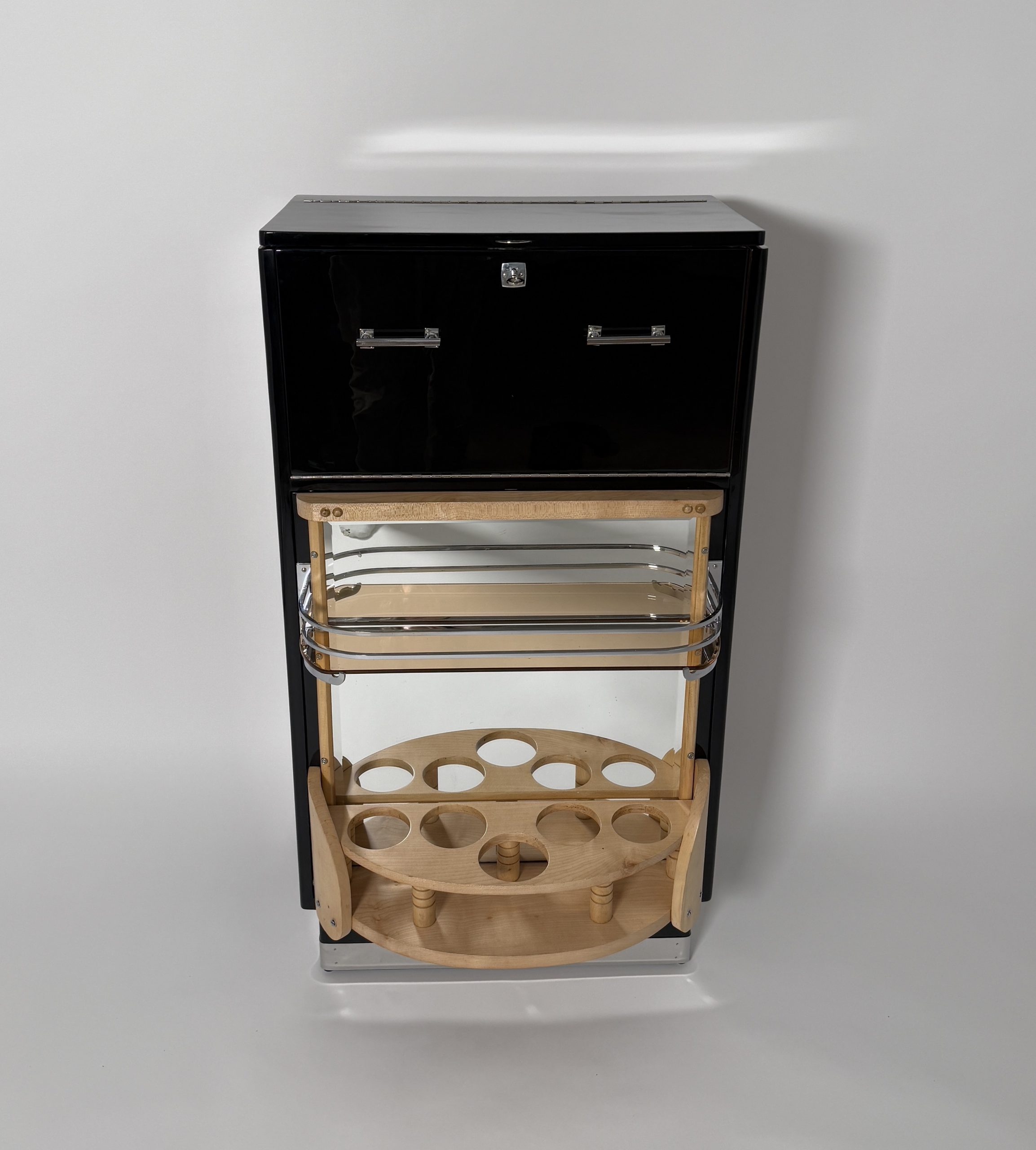 Drehbarer Art Deco Barschrank in Schwarzlack mit Chrom