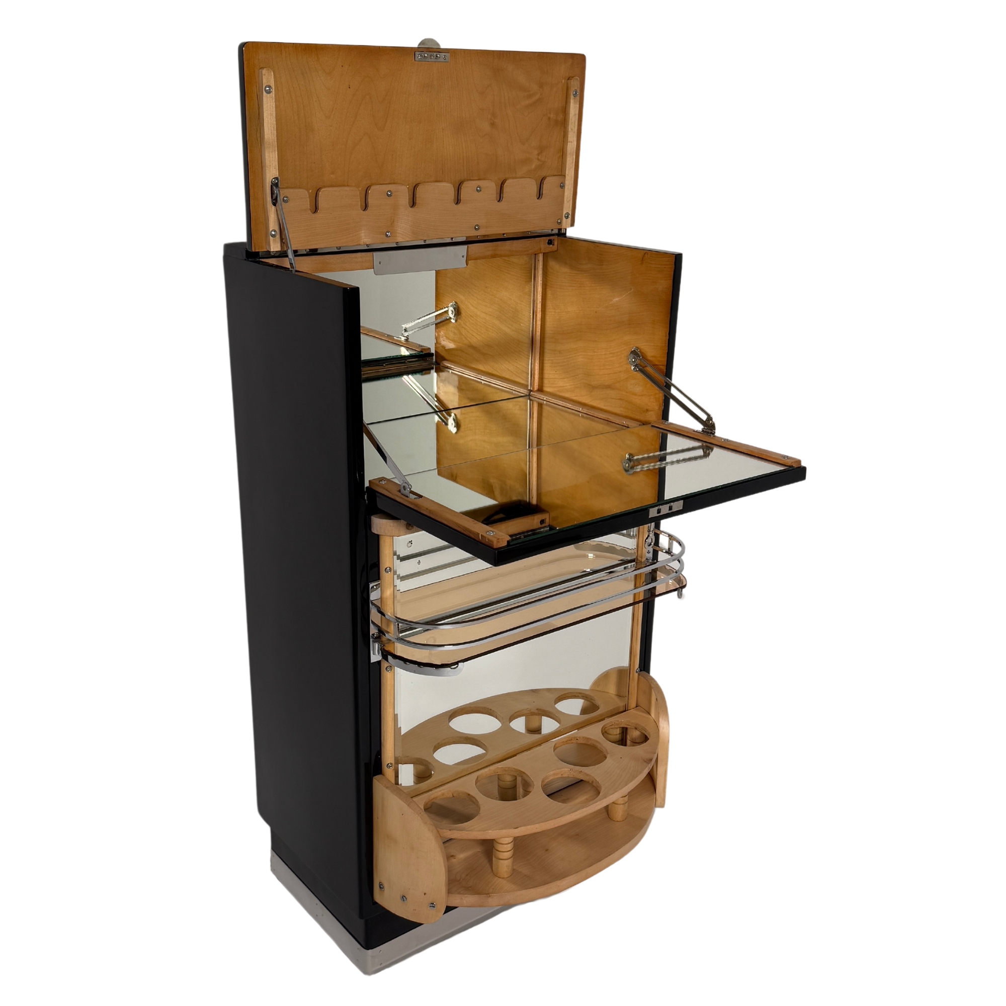 Drehbarer Art Deco Barschrank in Schwarzlack mit Chrom