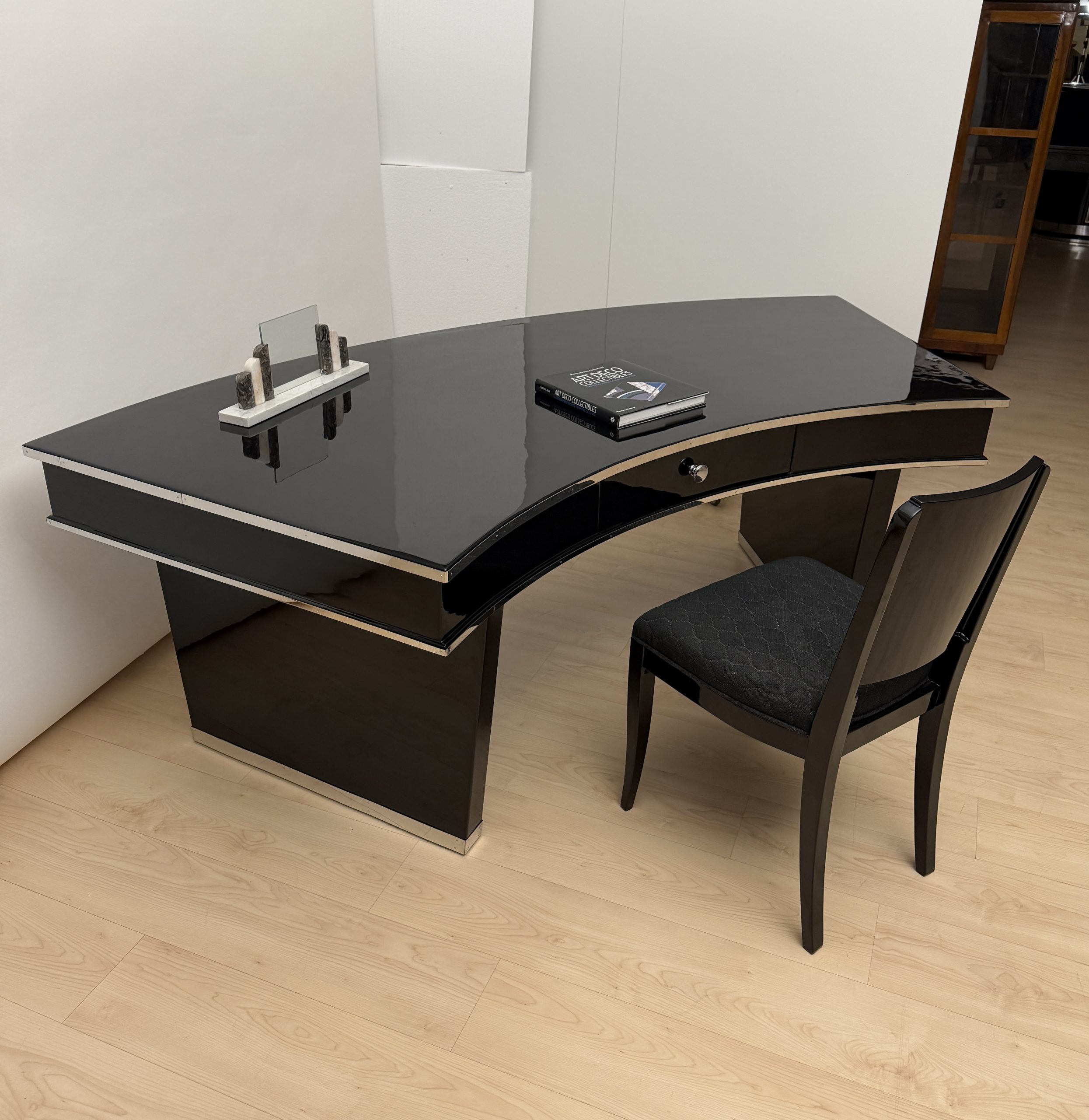 Art Deco Desk in Black Lacquer and Chrome