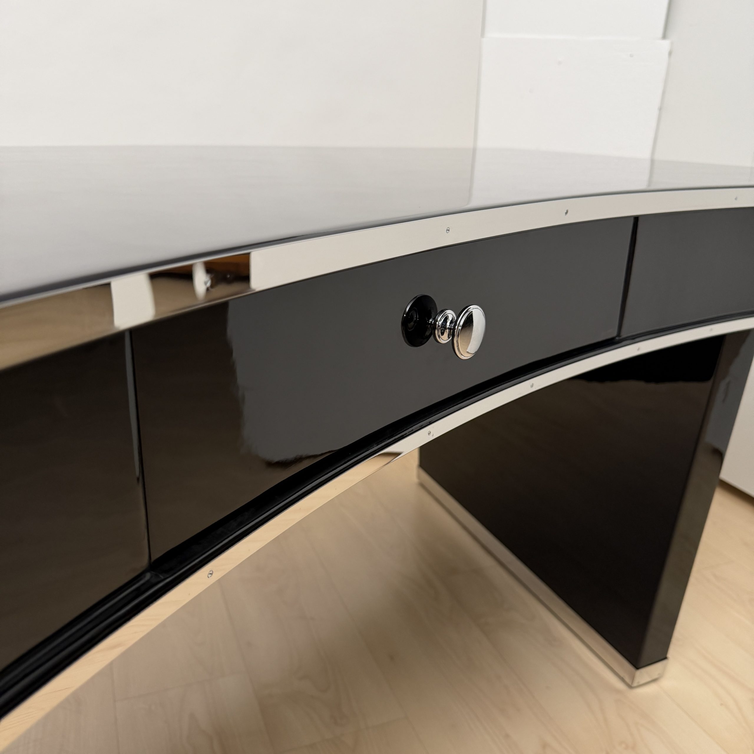 Art Deco Desk in Black Lacquer, details chrome handle