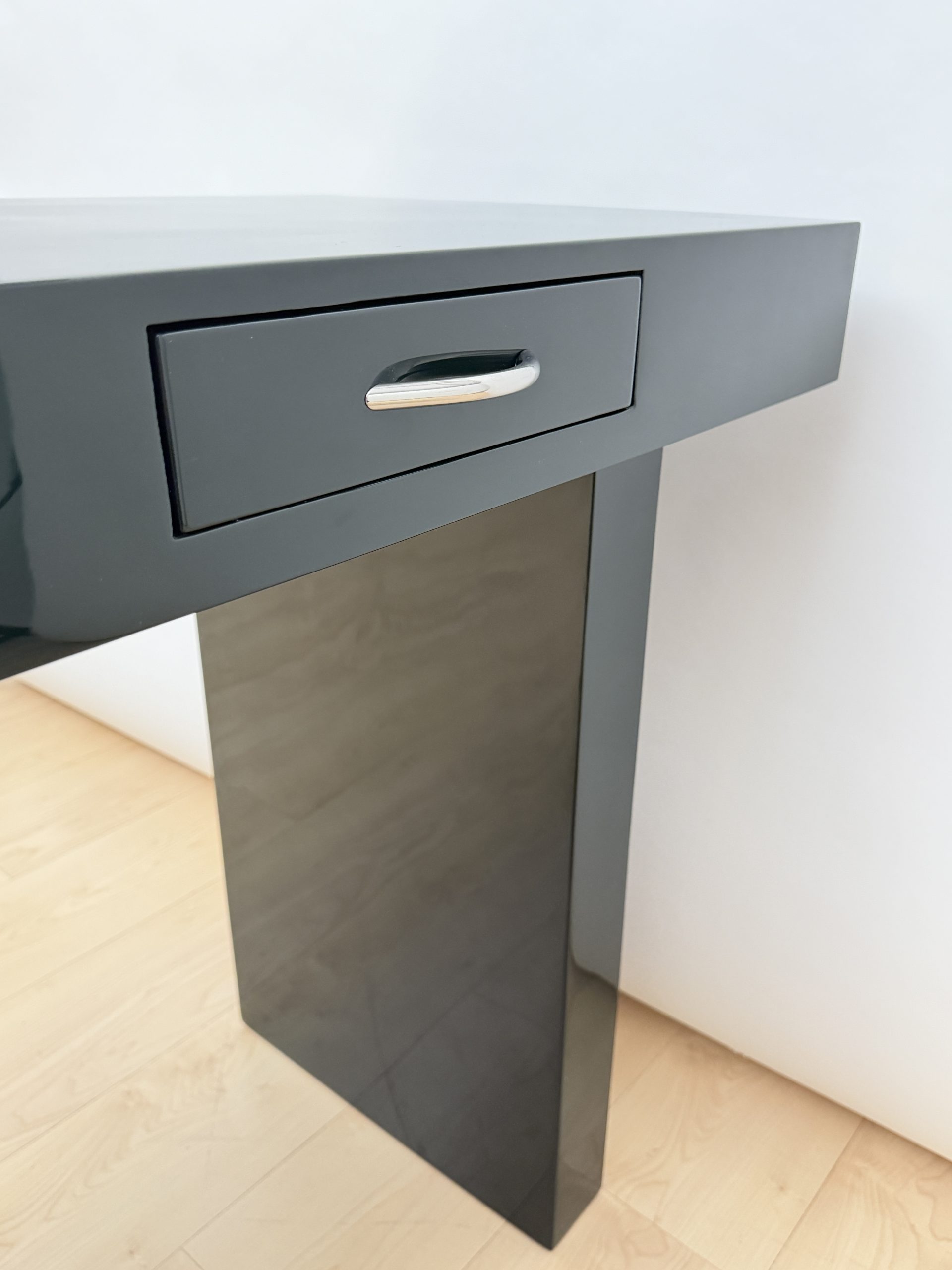 Detail of chrome handles on Italian design console, 1970s