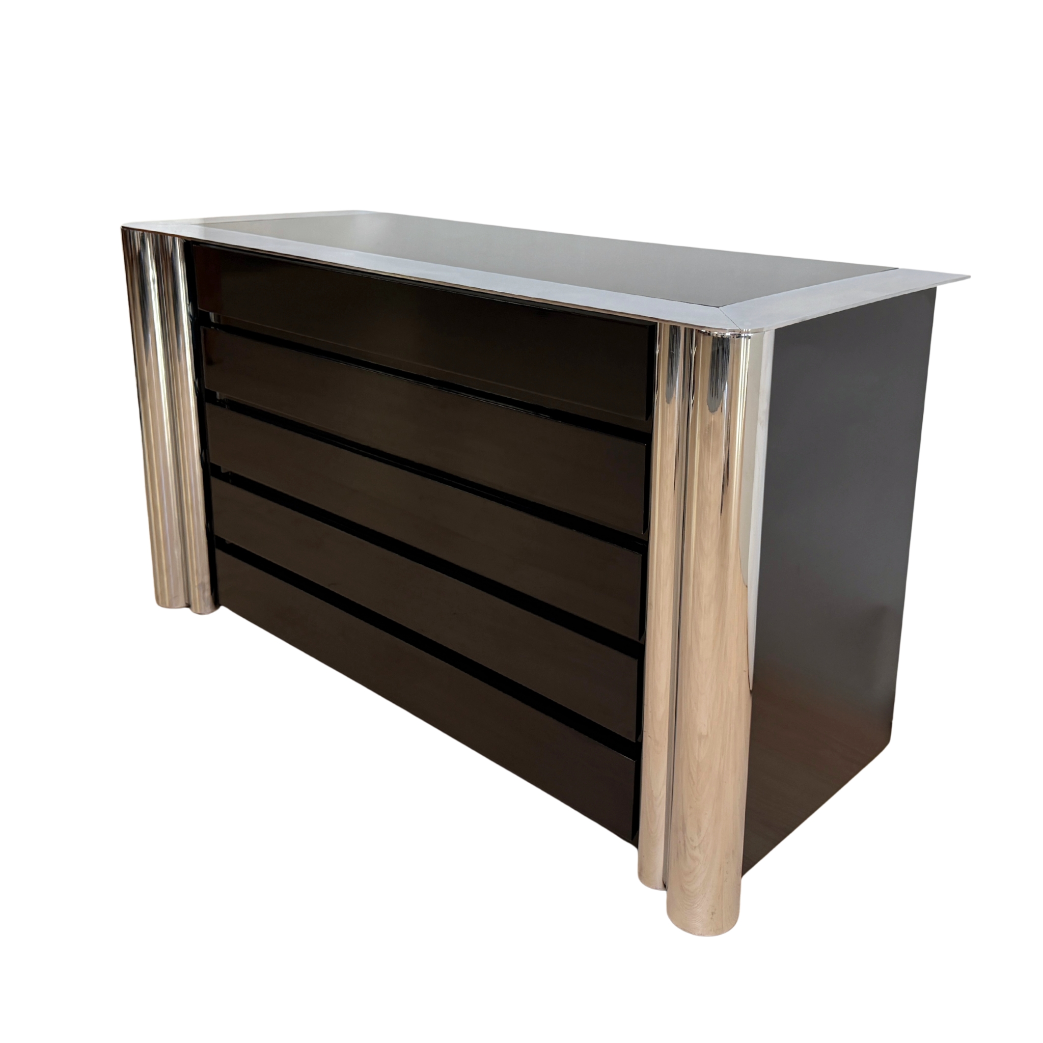 Black Designer Commode, Cinova, 1969 Design Kommode, Antonello Mosca für Cinova, schwarzer Lack und Chrom, Italien, 1969